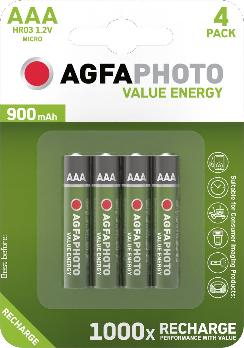 Agfaphoto Batterie NiMH, Micro, AAA, HR03, 1,2 V/900 mAh Value Energy, Blister de vente au détail (lot de 4)