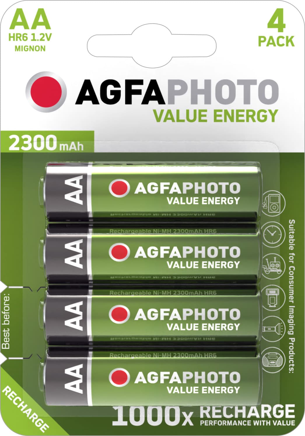 Agfaphoto Batterie NiMH, Mignon, AA, HR06, 1.2V/2300mAh Value Energy, Blister au détail (4-Pack)
