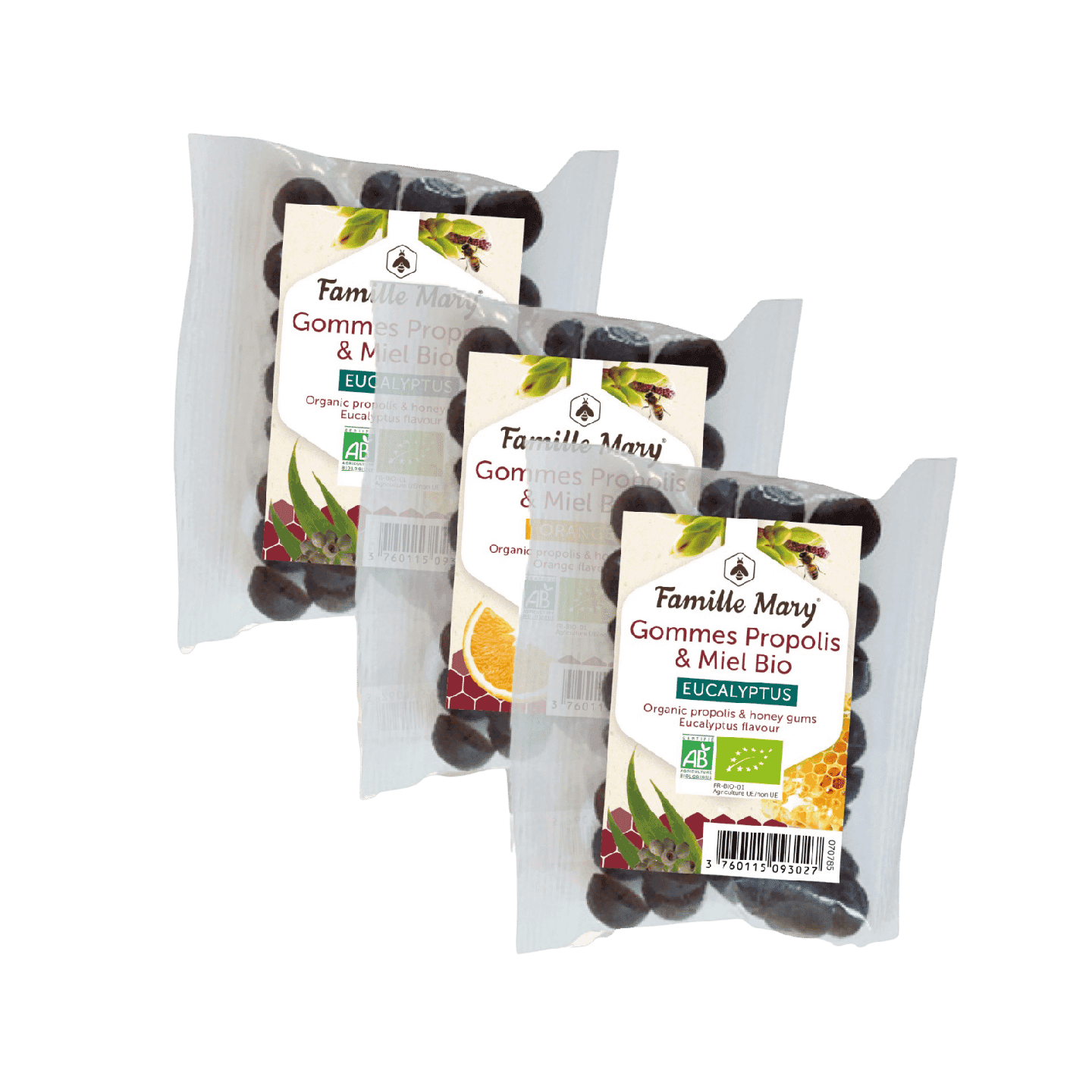 Assortiment de 3 recharges de gommes propolis et miel bio