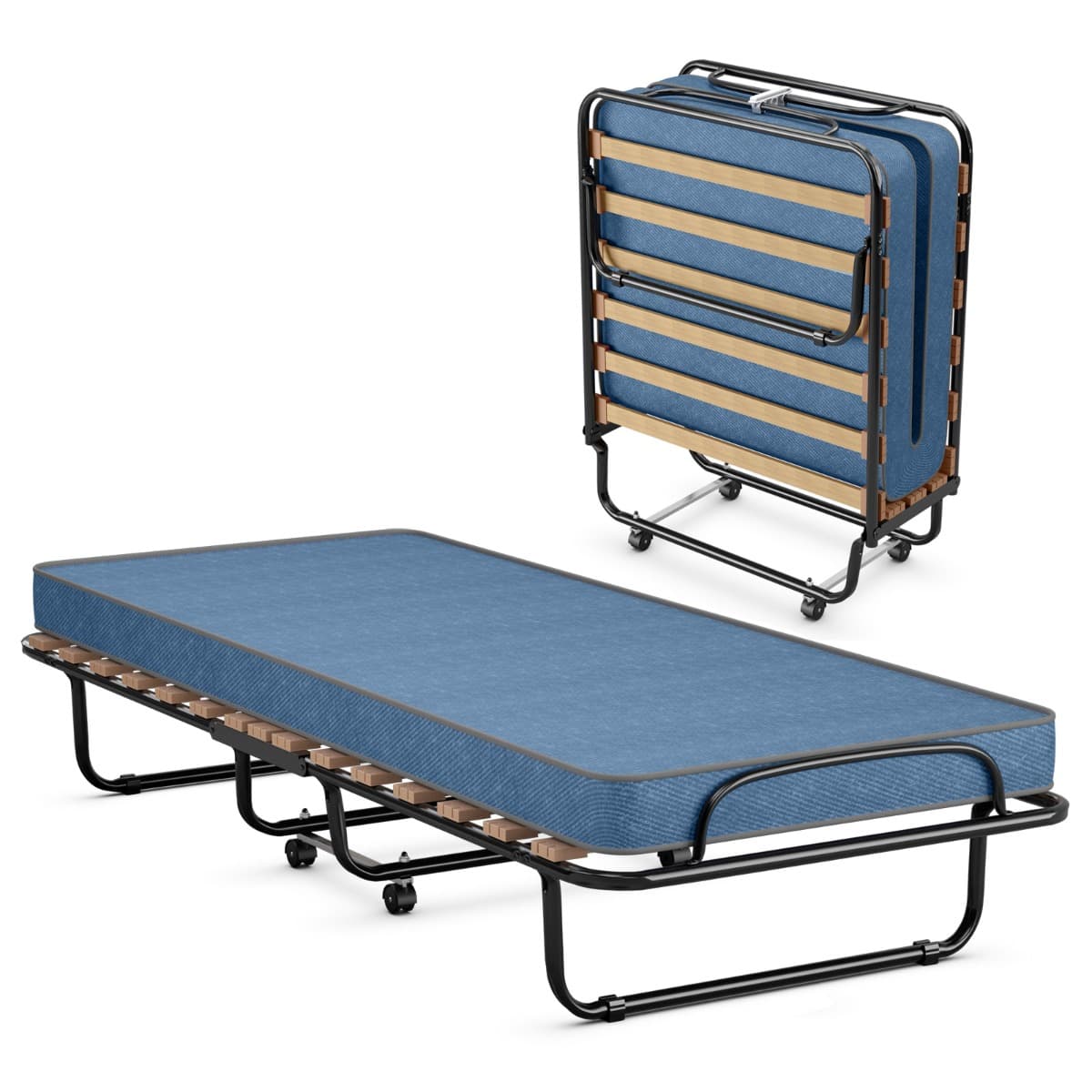 Lit Pliant sur Roulettes 190 x 80 x 33 CM Lit d'Appoint avec Matelas en Mousse 6,5 CM pour Maison et