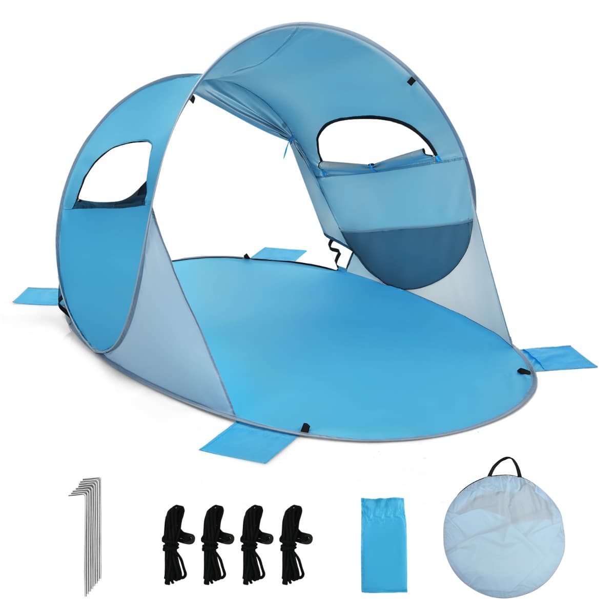 CostwayTente de Plage Pliable Pop-up Automatique Instantanée 3-4 Personnes 220x159x115cm 190T Revêtement Argent UPF50+ Bleu